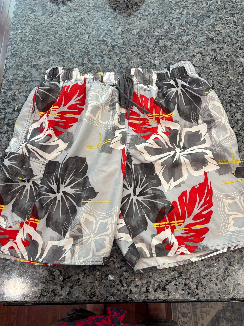 Men's Floral Swim Trunks in Gray with Red Accents